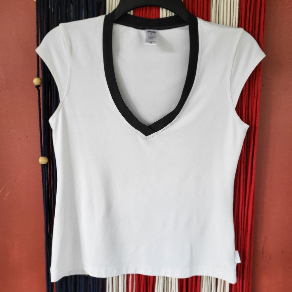 Classy Chic Shock Absorber White With Bold Black Neckline Trim Stretch Sport Top